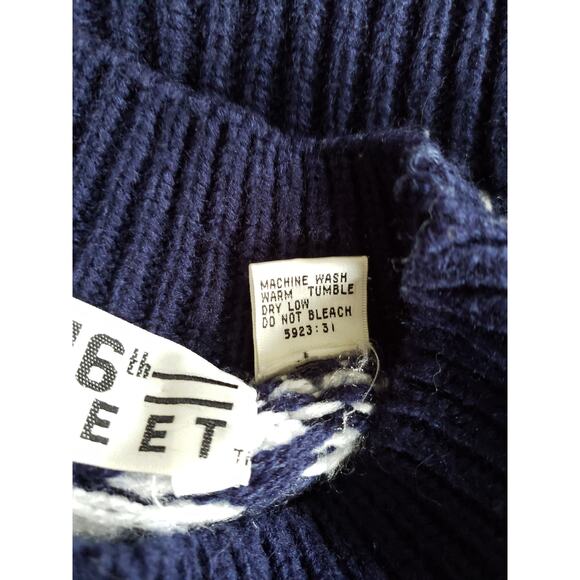 Vintage 80s Mock Neck Slouchy Sweater Cozy Navy Geometric Striped Medium - Picture 9 of 9